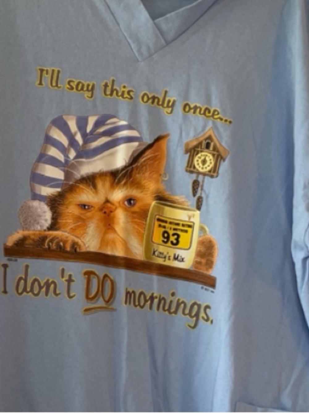 Light Blue Cat Graphic V-Neck night Top